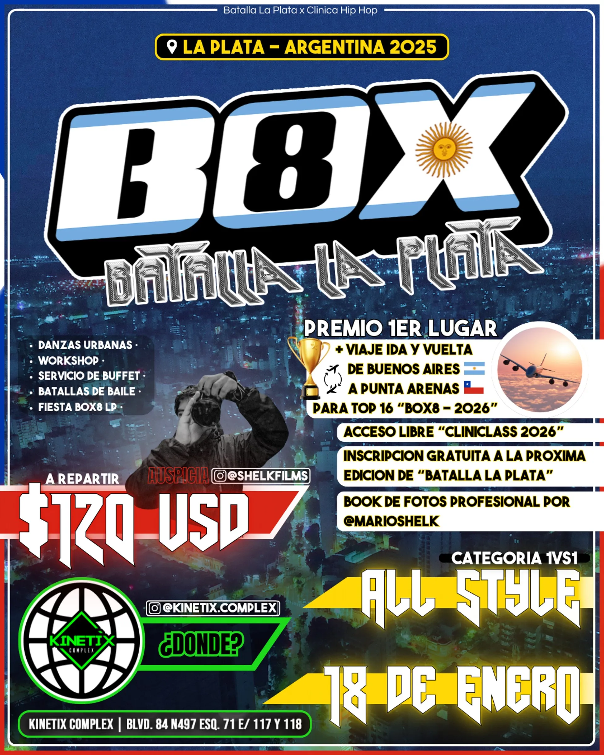 Flyer oficial BOX8 Batalla La Plata 2025 — 18 de enero, Kinetix Complex, La Plata, Argentina