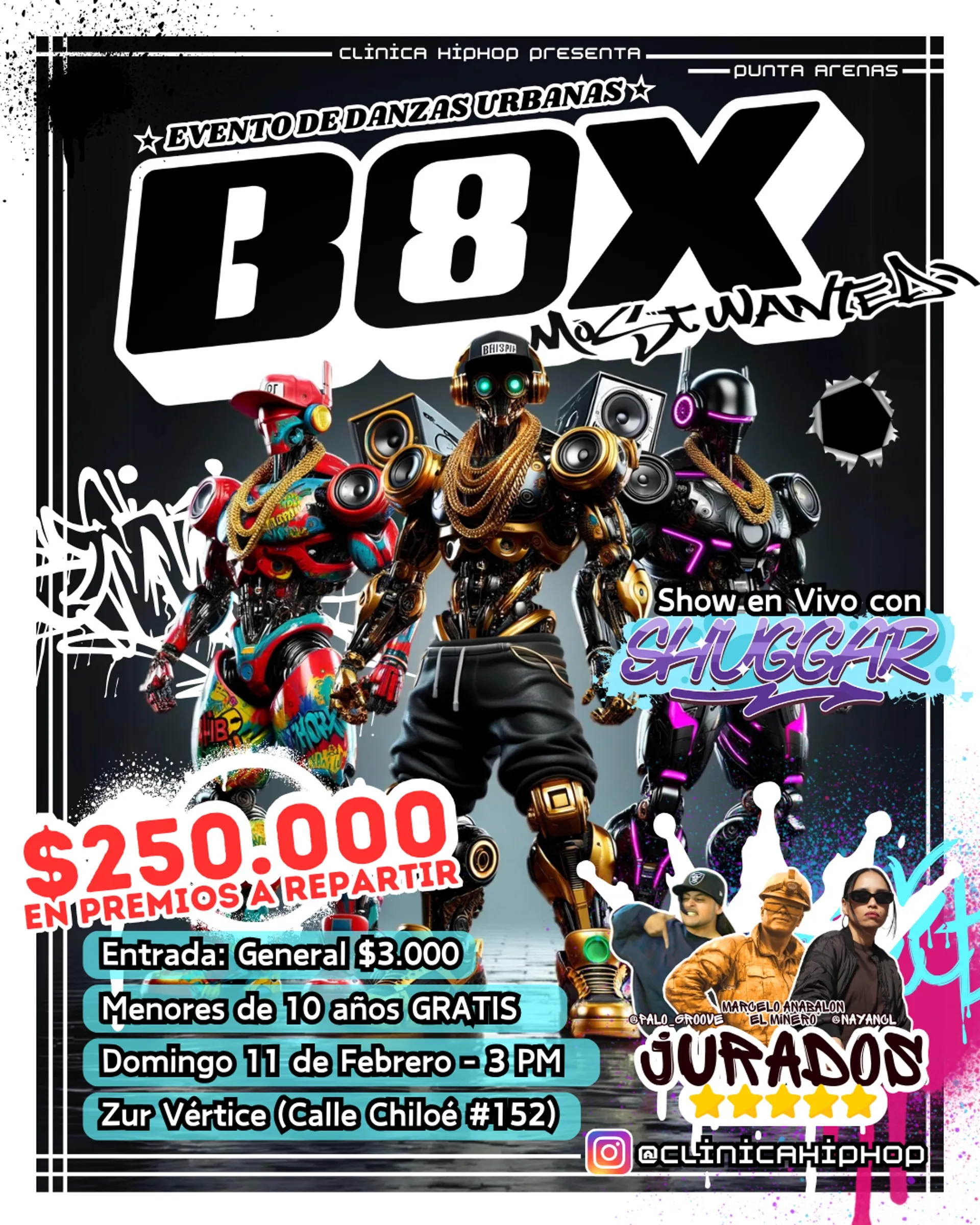 Flyer oficial BOX8 Most Wanted 2024 — 11 de febrero, Zur Vértice, Punta Arenas