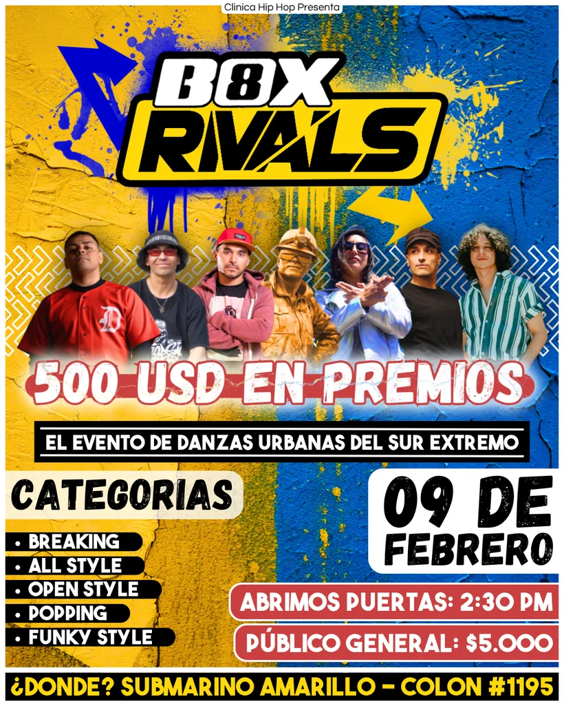 Afiche oficial de BOX8 Rivals: fondo mitad amarillo y mitad azul con el jurado al frente. 500 USD en premios, 9 de febrero, puertas a las 2:30 PM en el Submarino Amarillo (Colón 1195). Categorías: Breaking, All Style, Open Style, Popping y Funky Style.