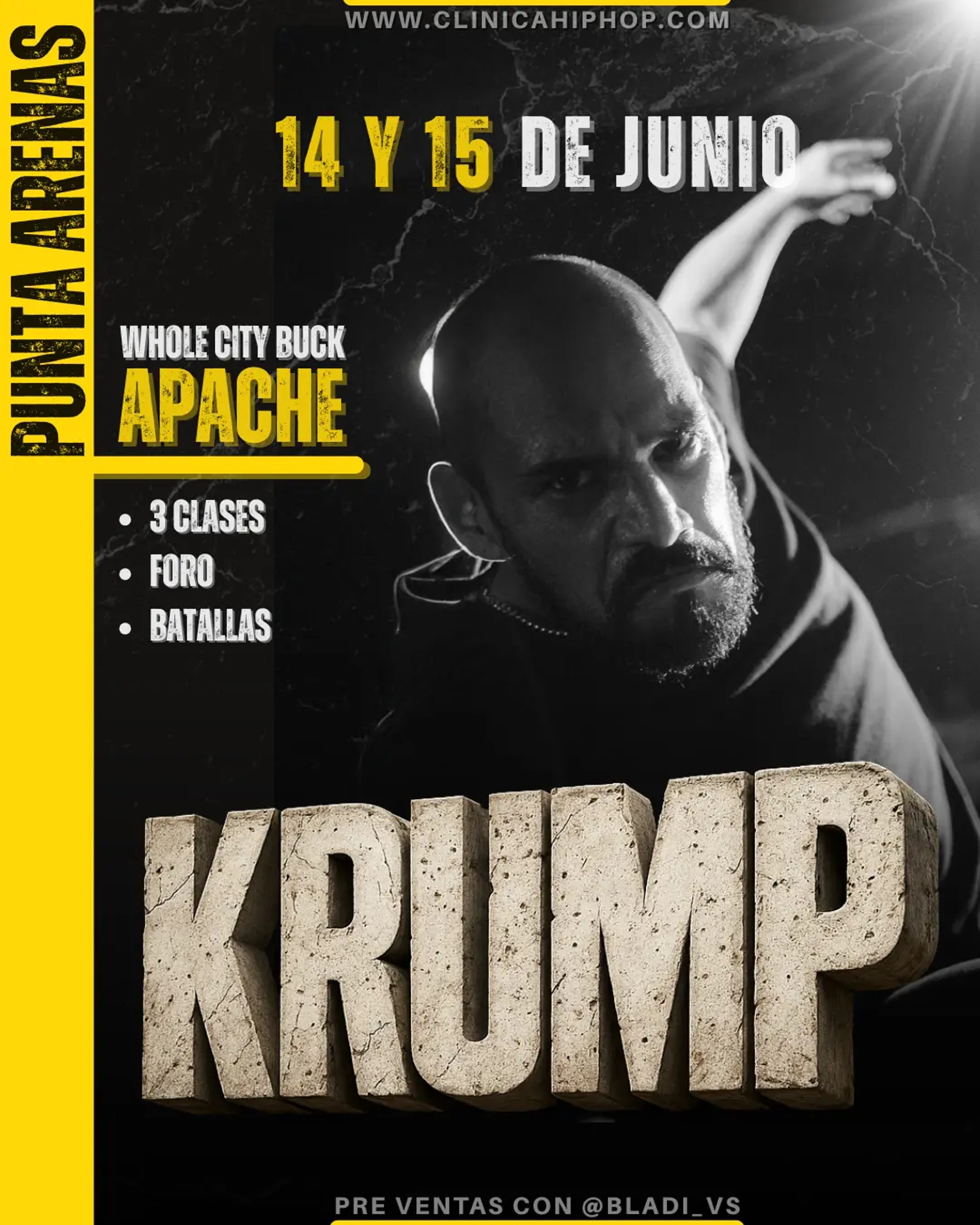 Flyer oficial CliniCamp Krump — Apache, 14 y 15 de junio 2025, Punta Arenas