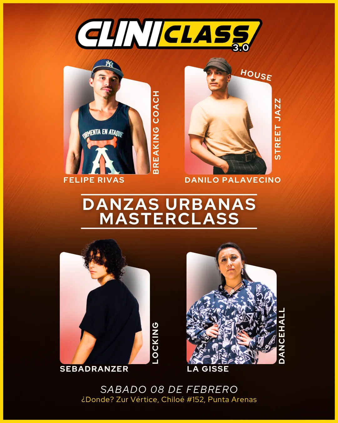 Flyer oficial CliniClass 3.0 — Danzas Urbanas Masterclass, 8 de febrero 2025, Zur Vértice