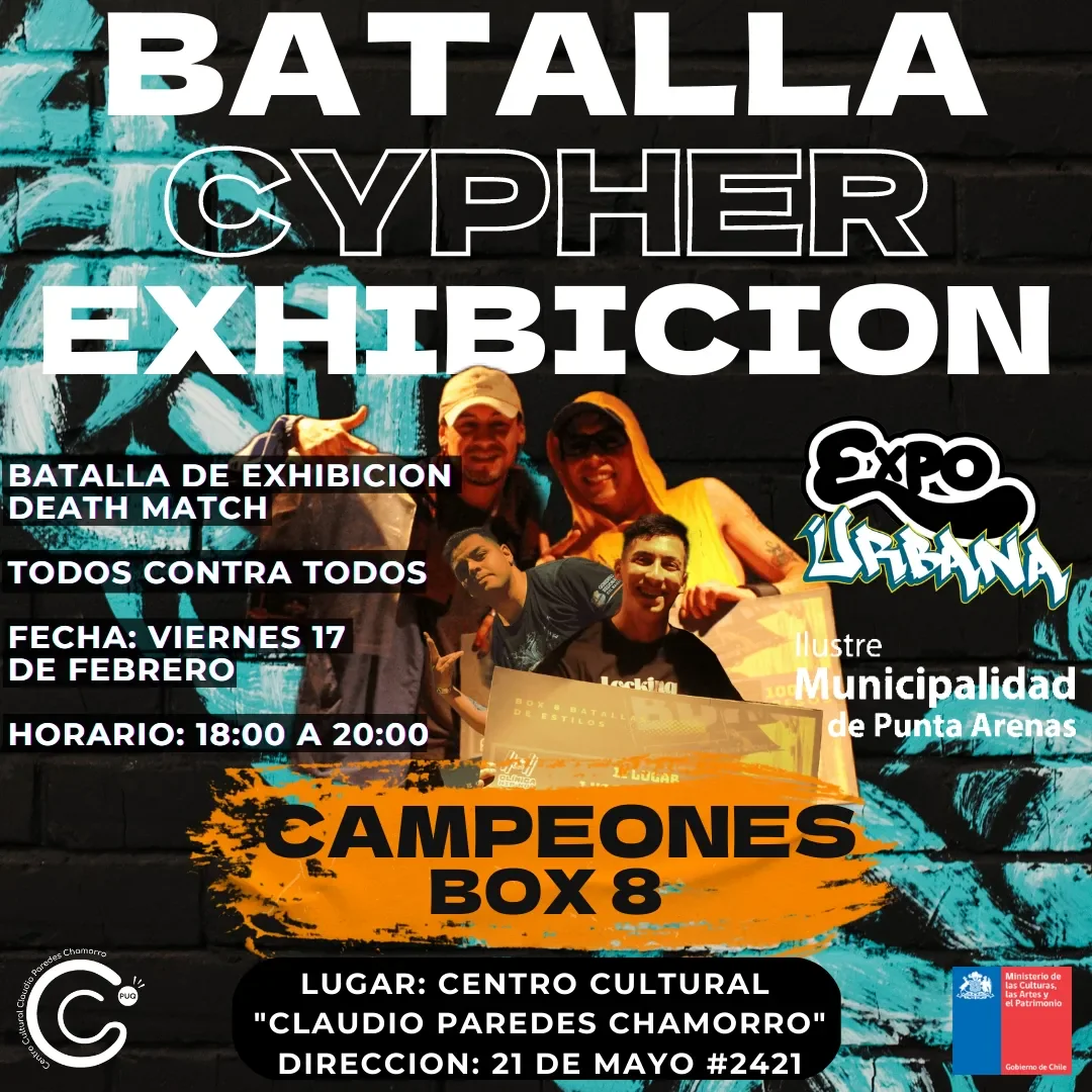 Flyer Batalla Cypher Exhibición con campeones BOX8 — viernes 17 de febrero